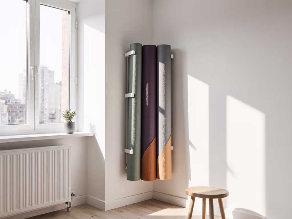 vertical_wall-mounted_yoga_mat_rack_holding_multiple_mats_in_narrow_urban_apartment_corner