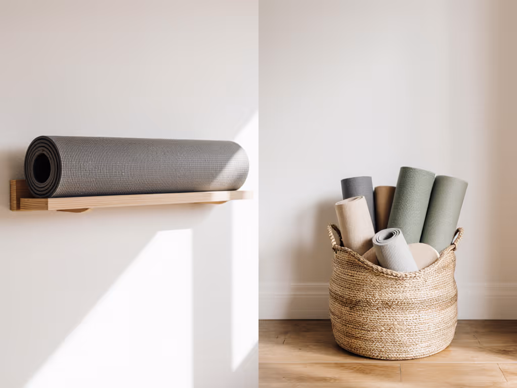 side-by-side_yoga_mat_storage_solutions_rolled_mat_in_wall_rack_vs_stacked_mats_in_basket